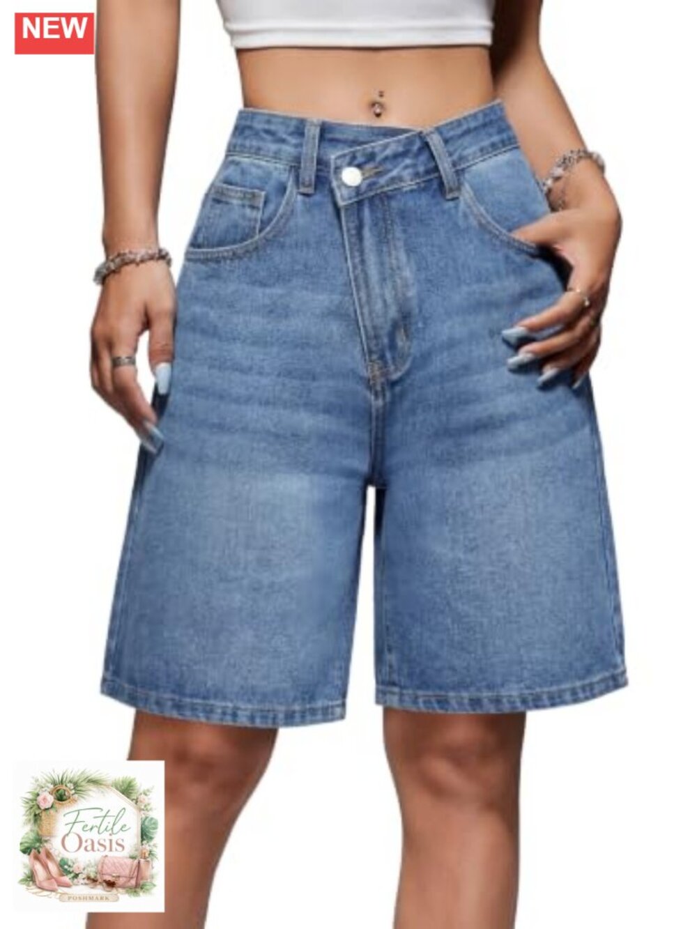 Women High Waisted Baggy Jorts Knee Length Y2K Bermuda Denim Shorts Streetwear